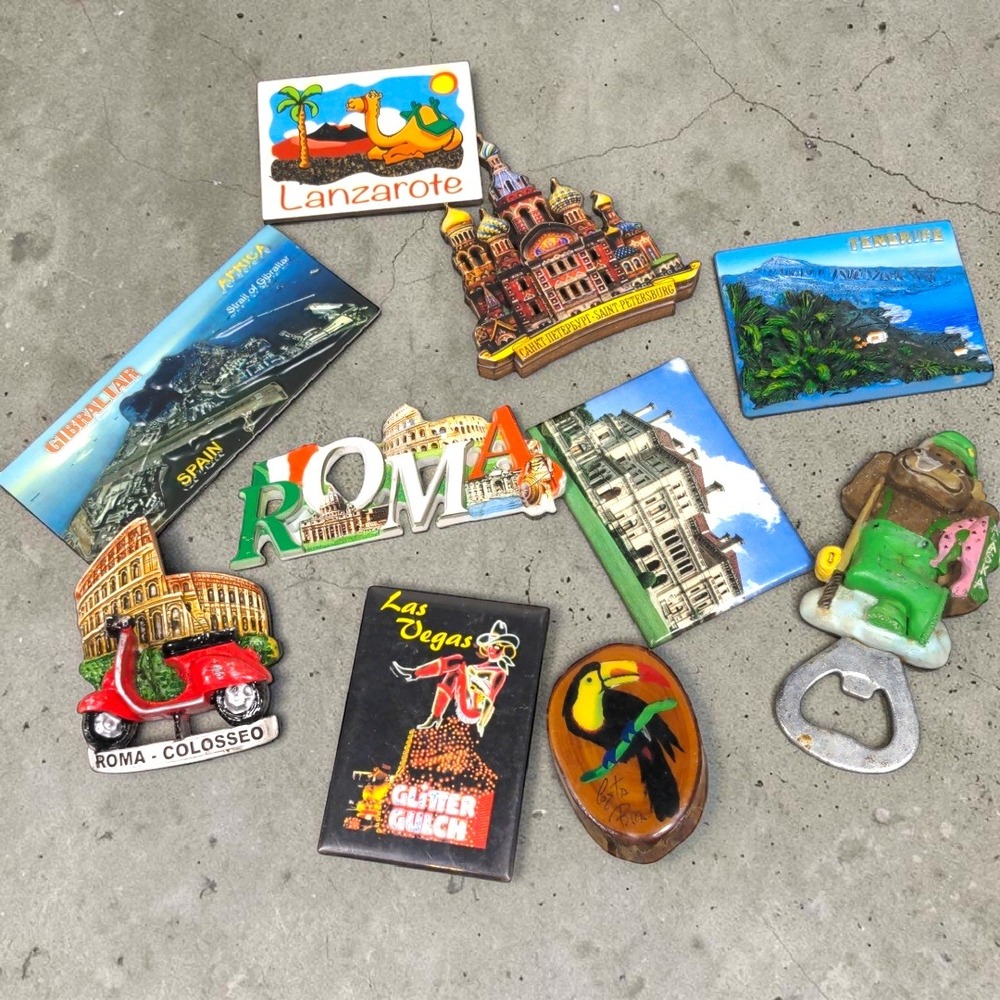 VTG 10pc Souvenir Magnet Lot Europe Las Vegas Rome Spain World Travel Resin Wood